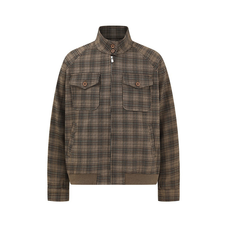 Brown plaid stand-collar zip jacket with two flap chest pockets and ribbed hem, front view