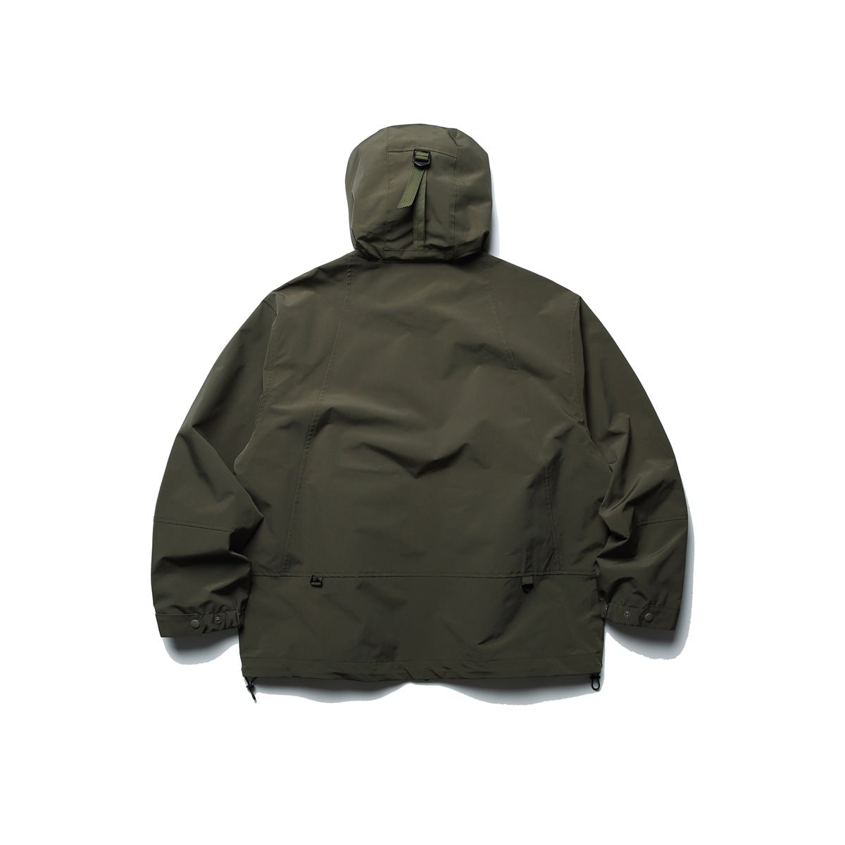 Olive green hooded jacket back view with hood strap and D-ring, back seam panels, snap cuff tabs and hem toggles