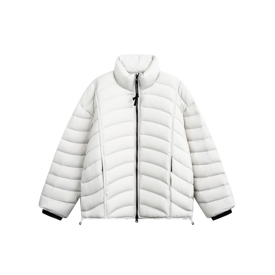 White quilted stand-collar puffer jacket with black front zipper and drawcord hem, flat front view