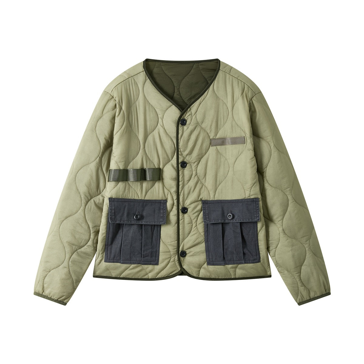 Olive green quilted collarless jacket with button front and two dark gray flap pockets, flat front view