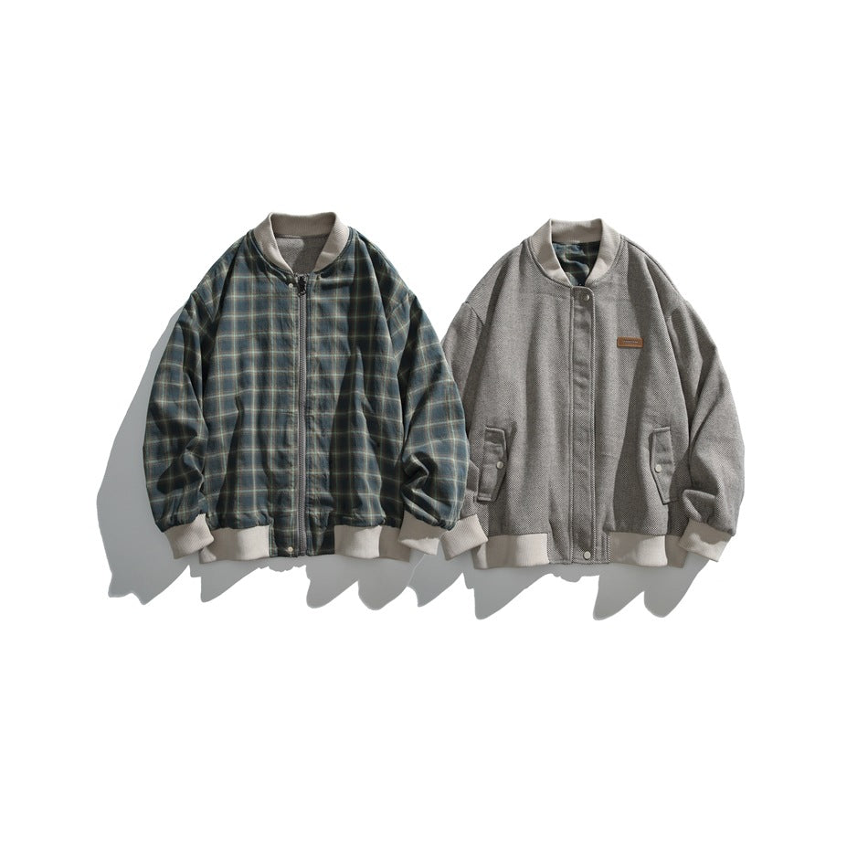 Reversible bomber jacket shown both ways: green plaid zip side and gray herringbone snap-front side with beige ribbing