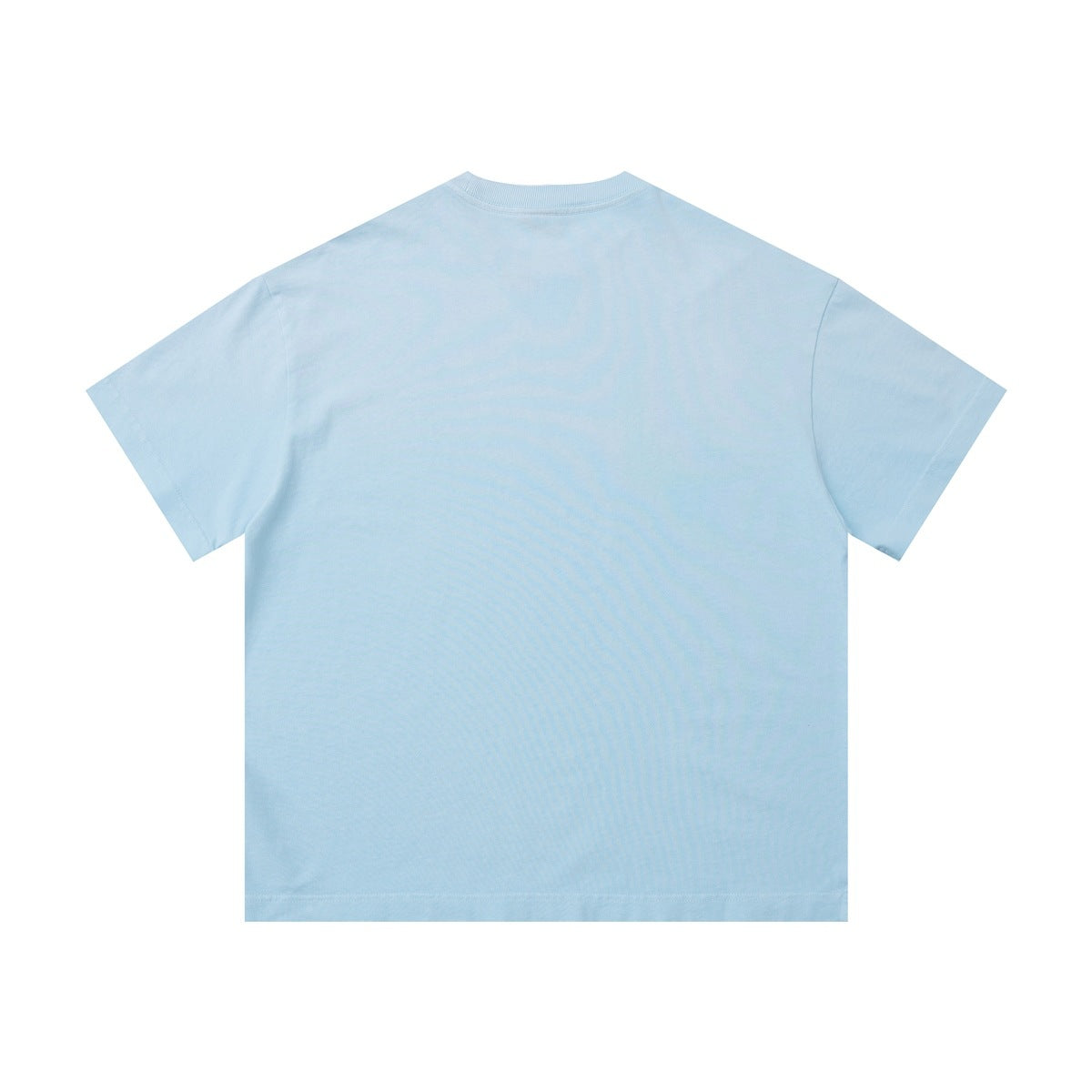 Back view of a plain light blue short-sleeve crew-neck T-shirt.