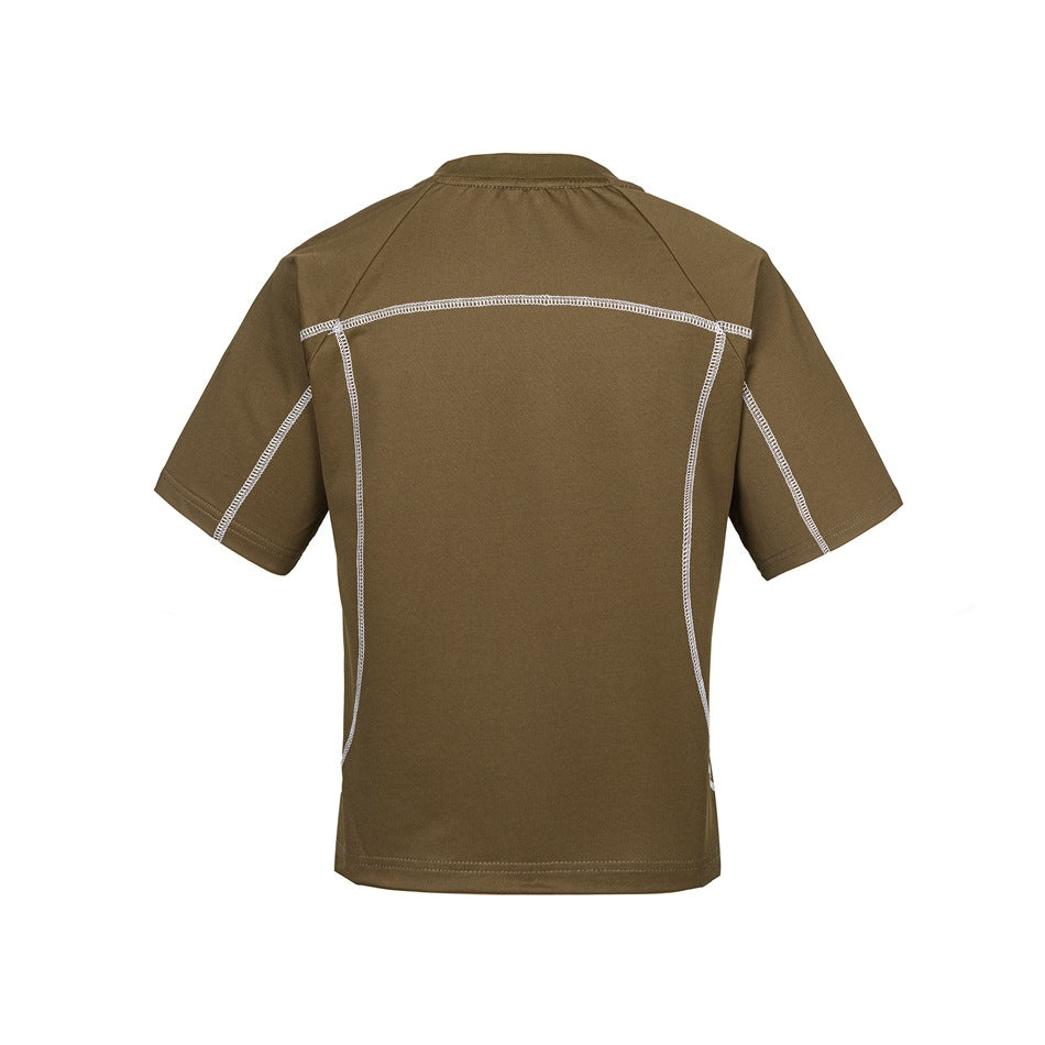 Army green short-sleeve T-shirt back view with contrast light topstitched seams across the upper back and sides