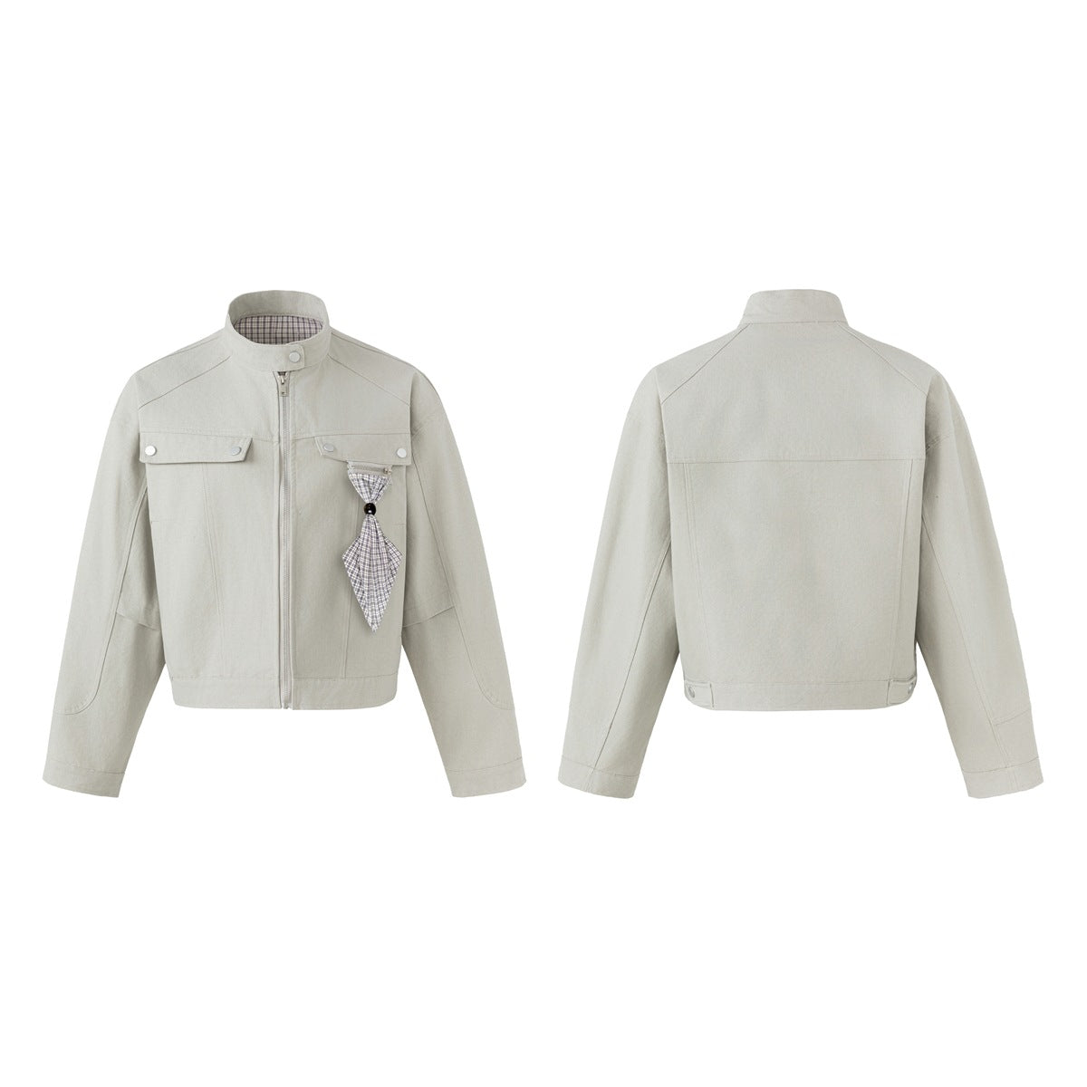 Light gray cropped jacket shown from the front and back, with a zip front, snap-flap pockets, and plaid bow detail.