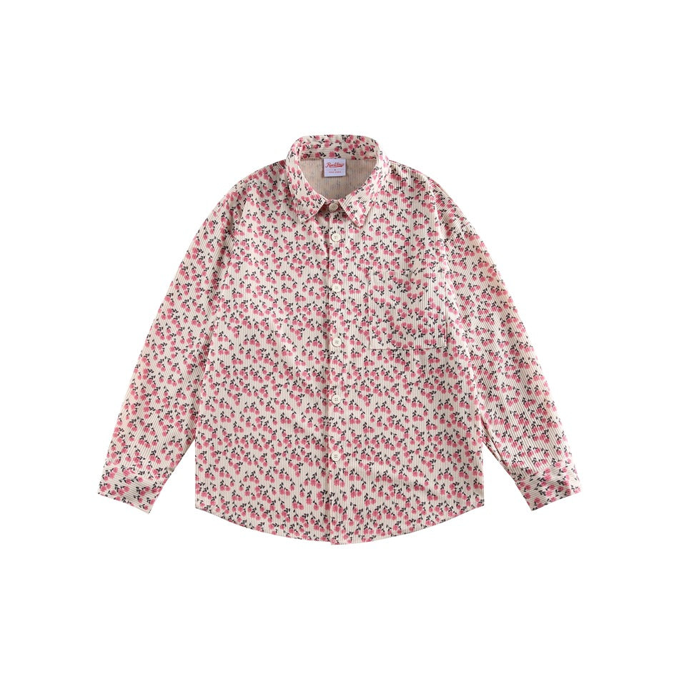 Pink floral print long-sleeve button-up shirt with pointed collar and chest pocket, flat lay on white