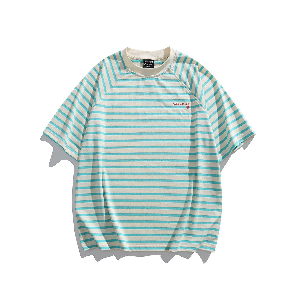 Aqua and cream striped short-sleeve raglan crew-neck T-shirt laid flat, front view