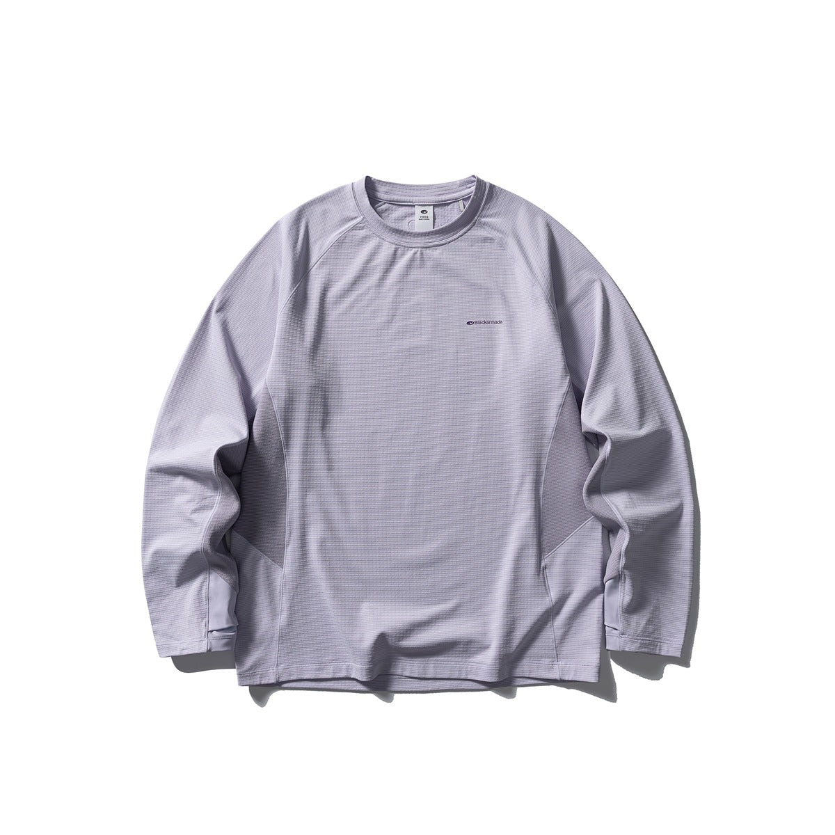 Light lavender long-sleeve crew-neck top with raglan sleeves, grid-textured fabric and a small chest print, flat front view