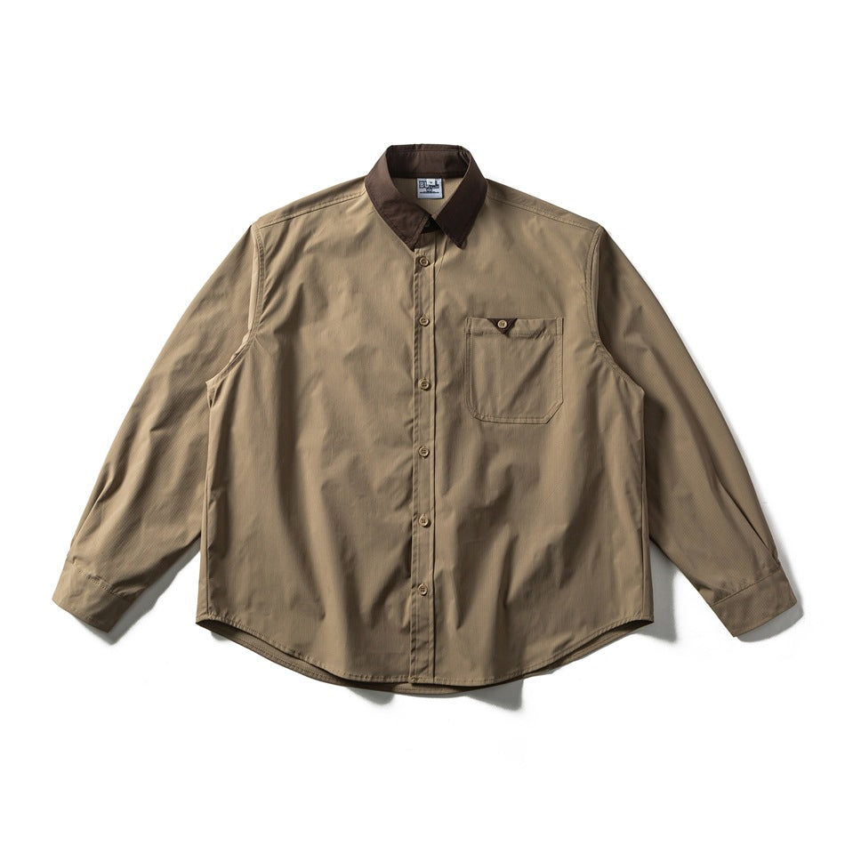 Khaki long-sleeve button-front shirt with dark brown contrast collar and chest pocket, flat lay front view