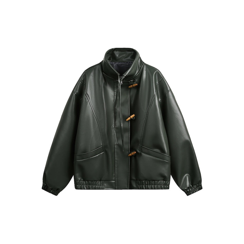 Dark green faux-leather jacket with stand collar, wooden toggle closures, front pockets and elastic cuffs and hem