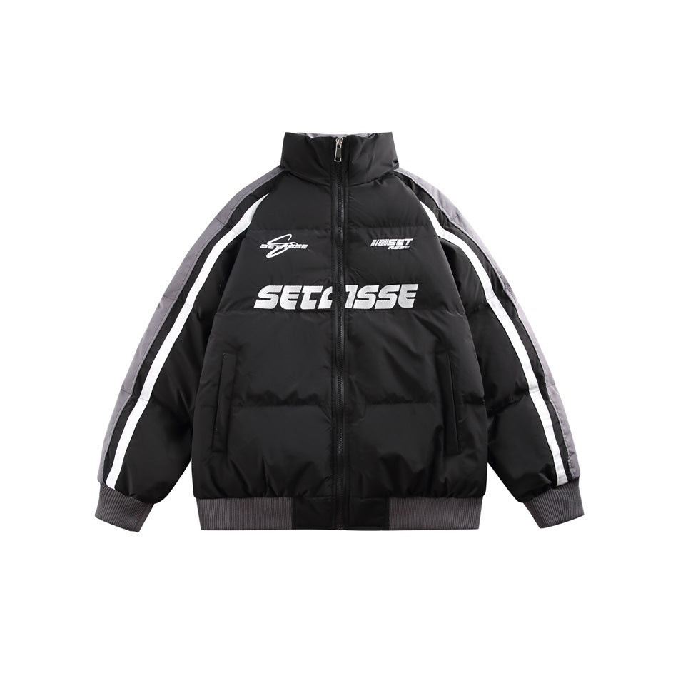Black quilted stand-collar jacket with gray raglan sleeves, white stripes and ribbed trim, front view