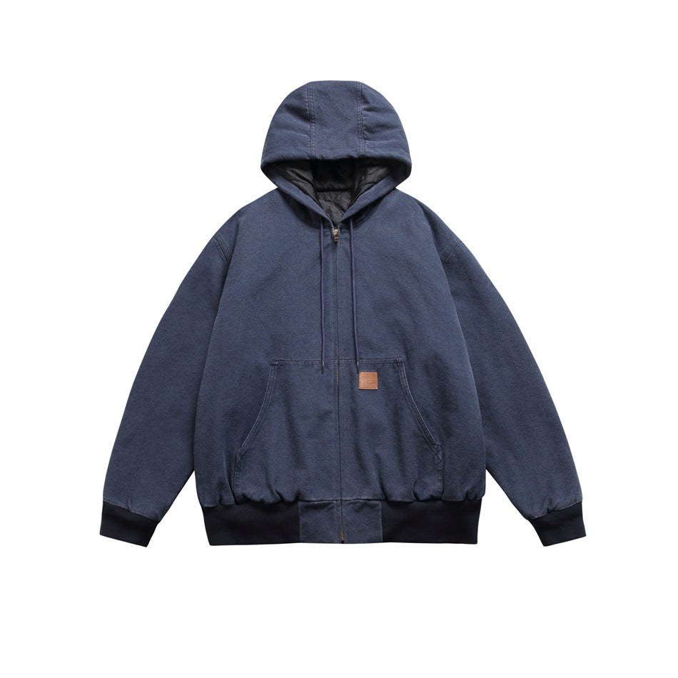Front view of a navy blue hooded zip jacket with black ribbed cuffs and hem and a front pouch pocket.