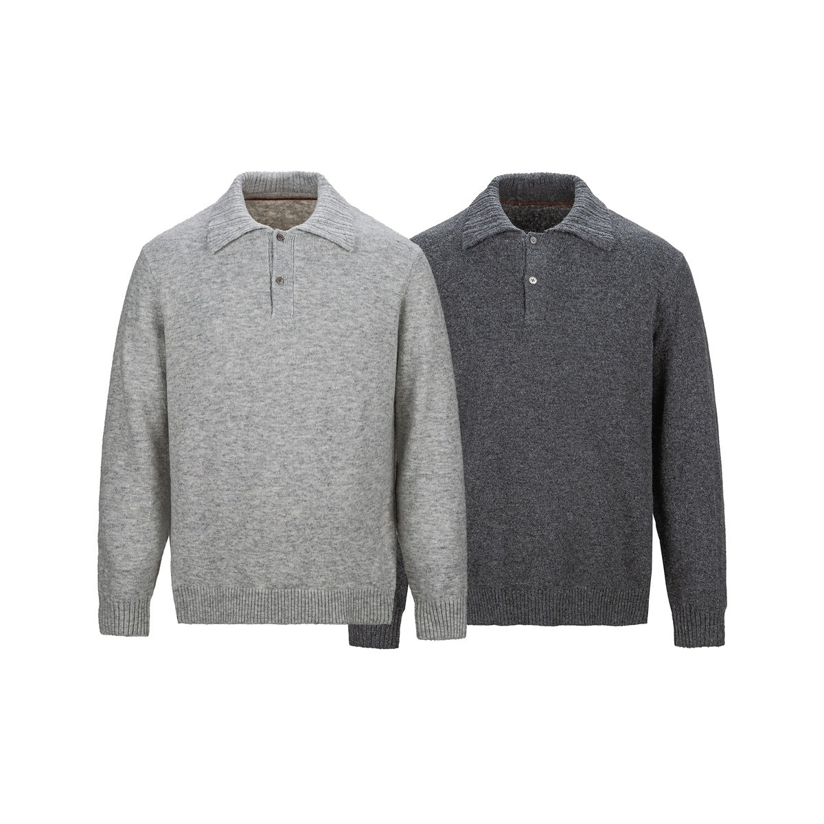Two long-sleeve knit polo sweaters shown from the front in light gray and charcoal, with collars and short button plackets.