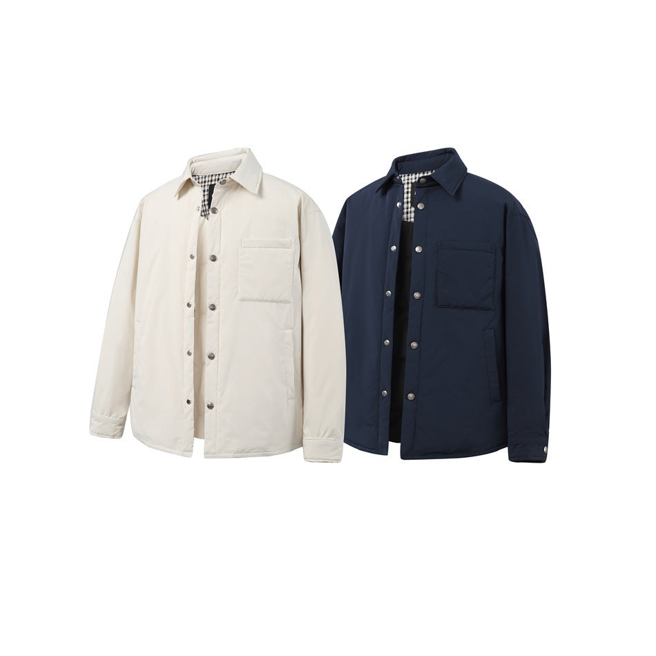 Beige and navy blue quilted shirt-style jackets side by side, each with snap buttons, chest pocket and gingham lining