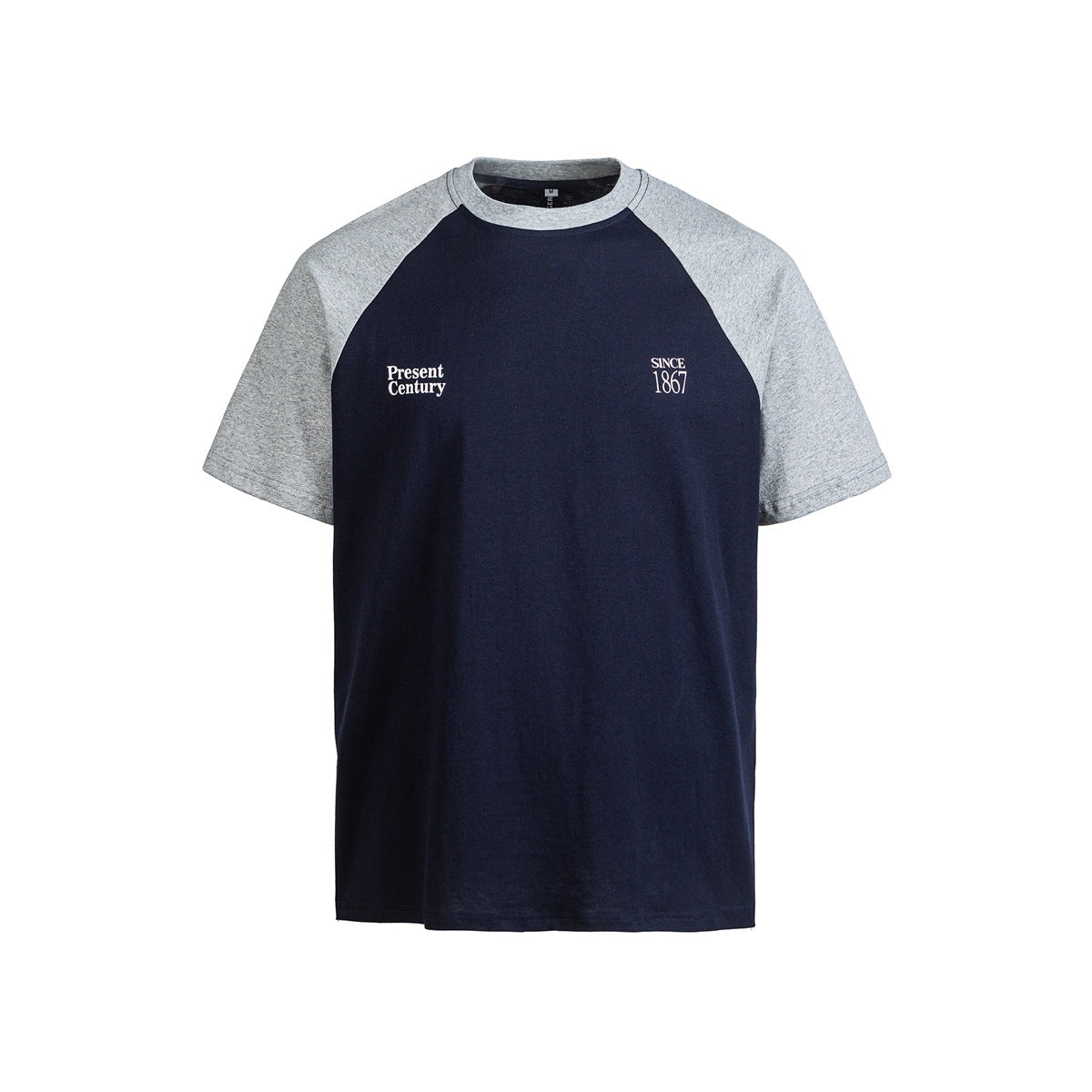 Navy and heather gray raglan short-sleeve T-shirt with small white chest text graphics, flat front view