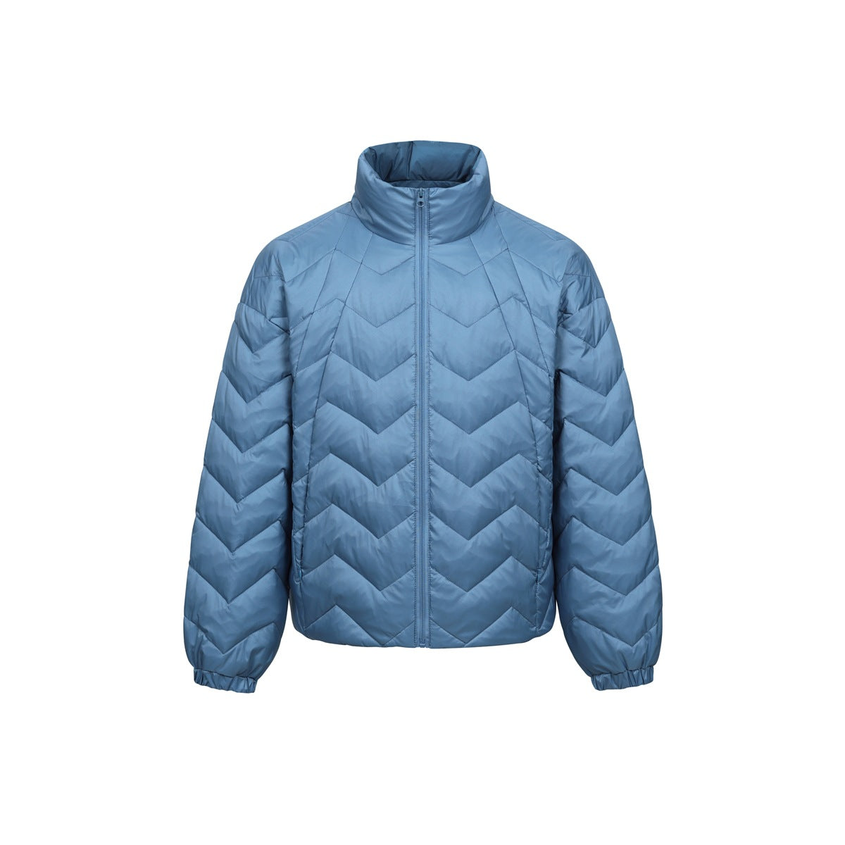 Blue chevron-quilted stand-collar zip jacket, front view on plain white background