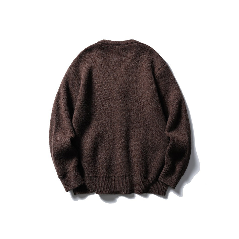 Back view of brown knit cardigan with ribbed cuffs and hem, flat lay