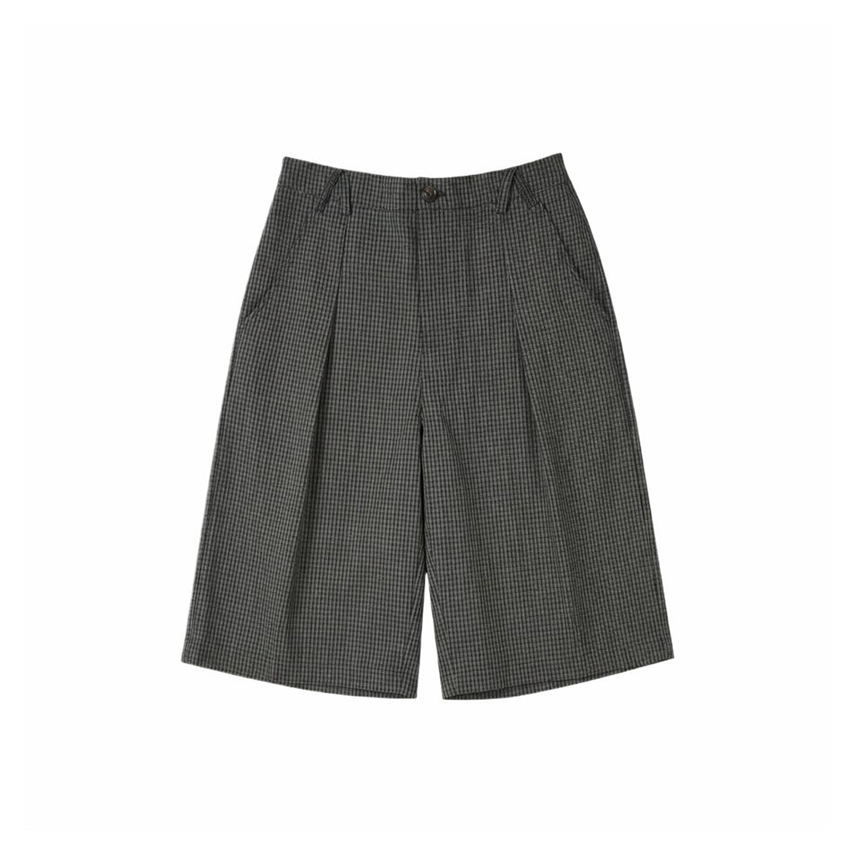 Gray micro-check knee-length pleated shorts, front flat view with button waist and side pockets