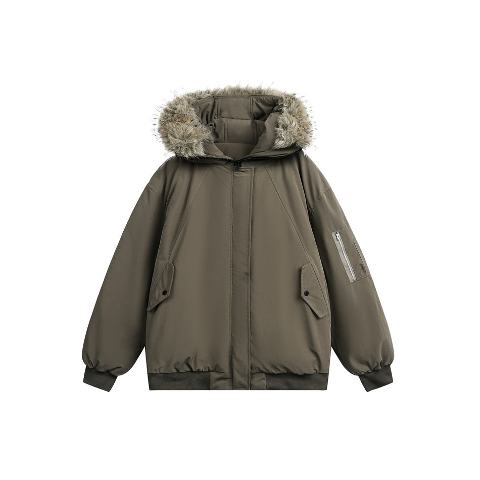 Army green hooded jacket with fur-like hood trim, front zip, flap pockets and ribbed hem, flat lay