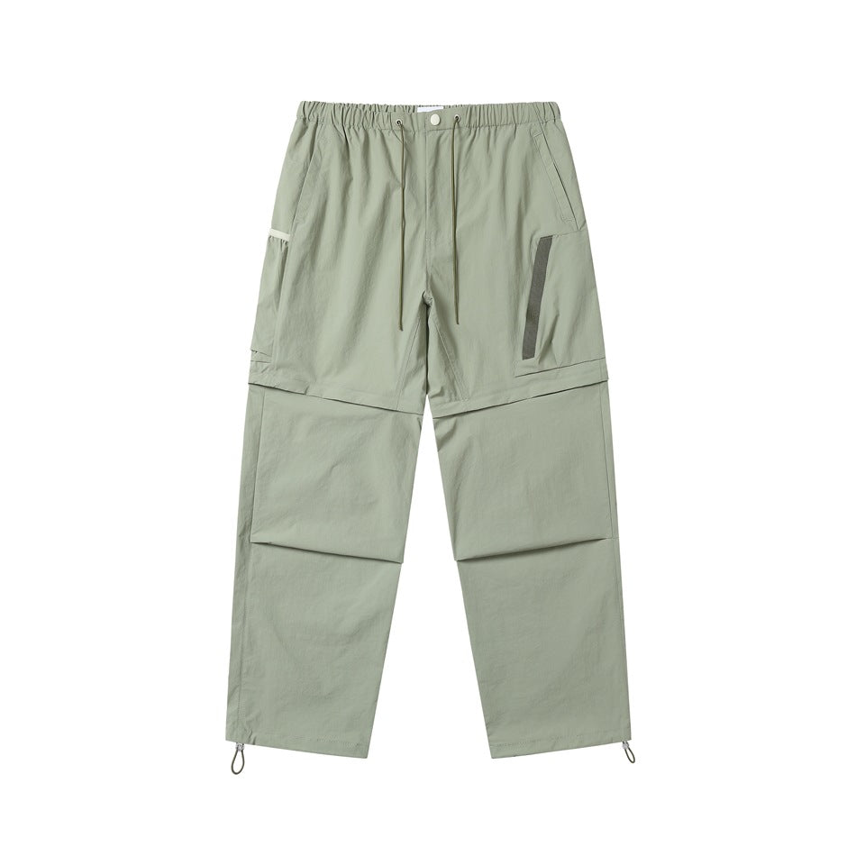 Light green detachable cargo pants, front flat lay with drawstring waist, cargo pocket and toggle hems