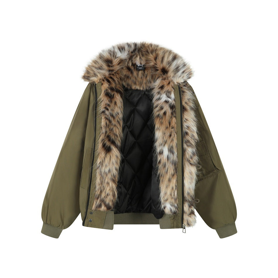 Olive bomber jacket shown open, with a spotted faux-fur collar and trim, black quilted lining, and rib-knit cuffs.