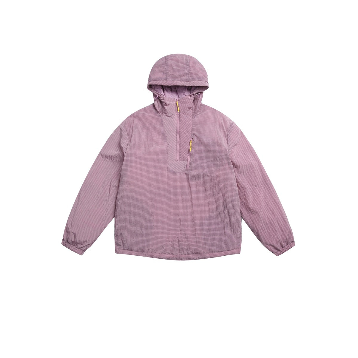 Purple pink hooded half-zip jacket flat lay with grid texture and yellow zipper pulls