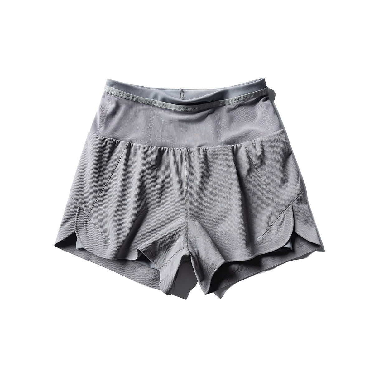 Silver gray double-layer athletic shorts, flat lay front view with wide waist panel and curved side hems