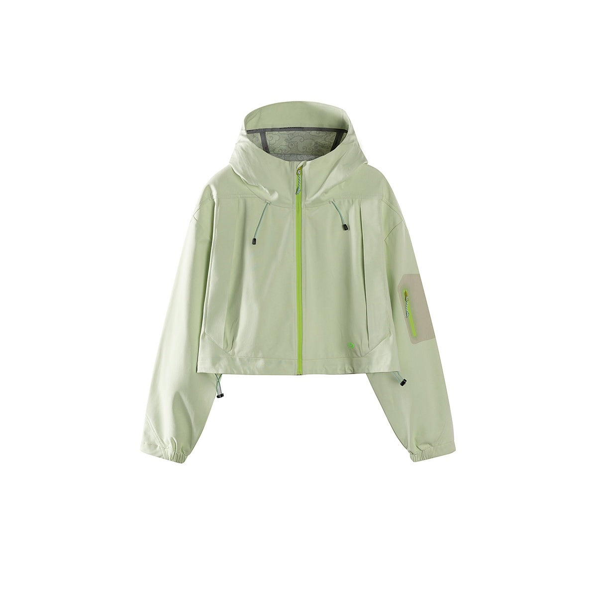 Front view of a pale sage cropped hooded jacket with a lime-green zipper and sleeve pocket.