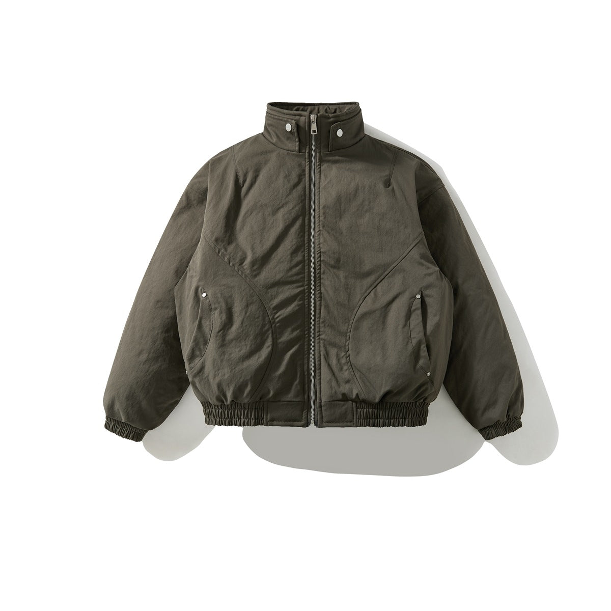 Gray-green zip-front stand-collar padded bomber jacket with curved seams and elastic cuffs, flat lay
