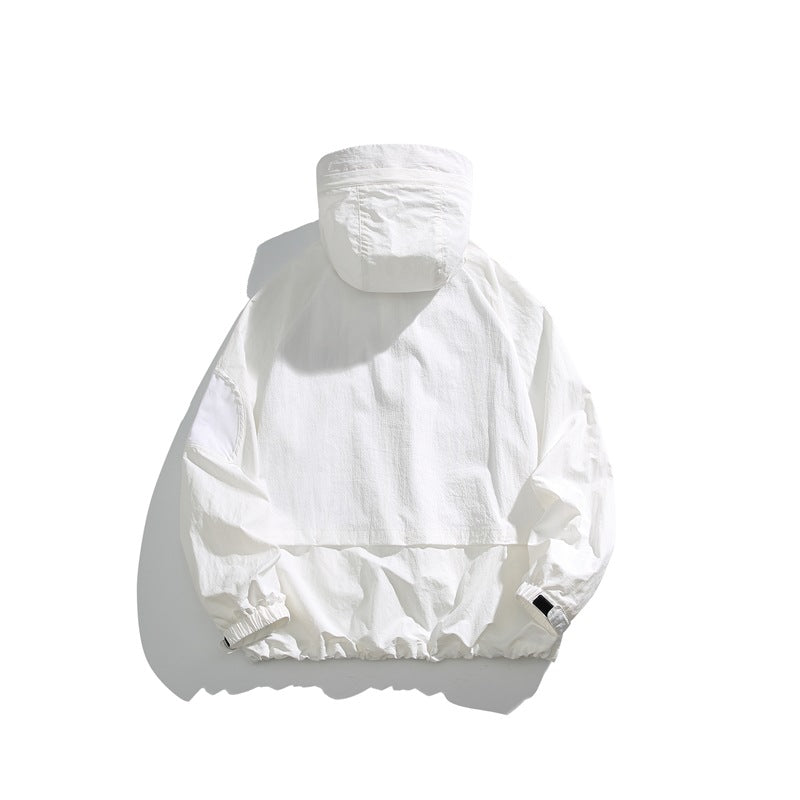 White hooded pullover jacket shown from the back, with elastic cuffs and hem.