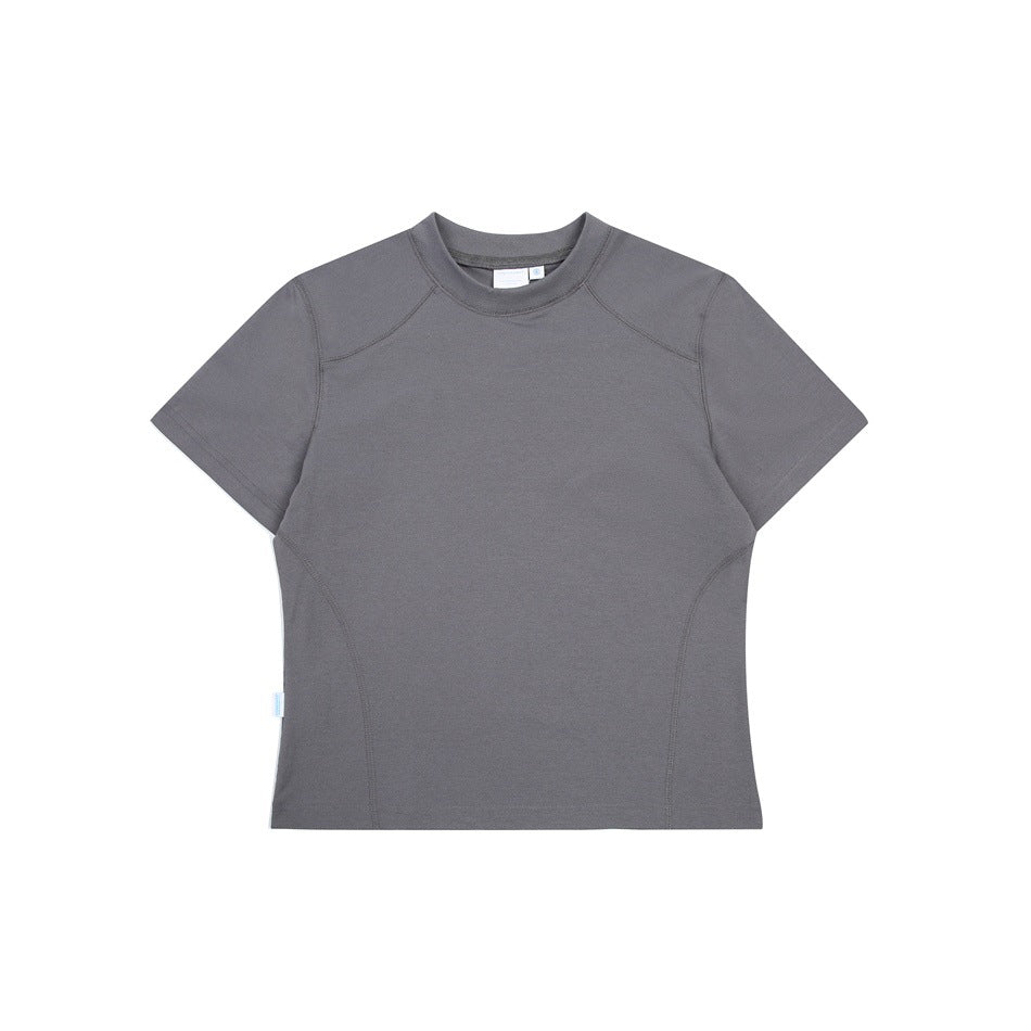 Dark gray short-sleeve crew-neck T-shirt with raglan seams and curved side seams, flat lay front view