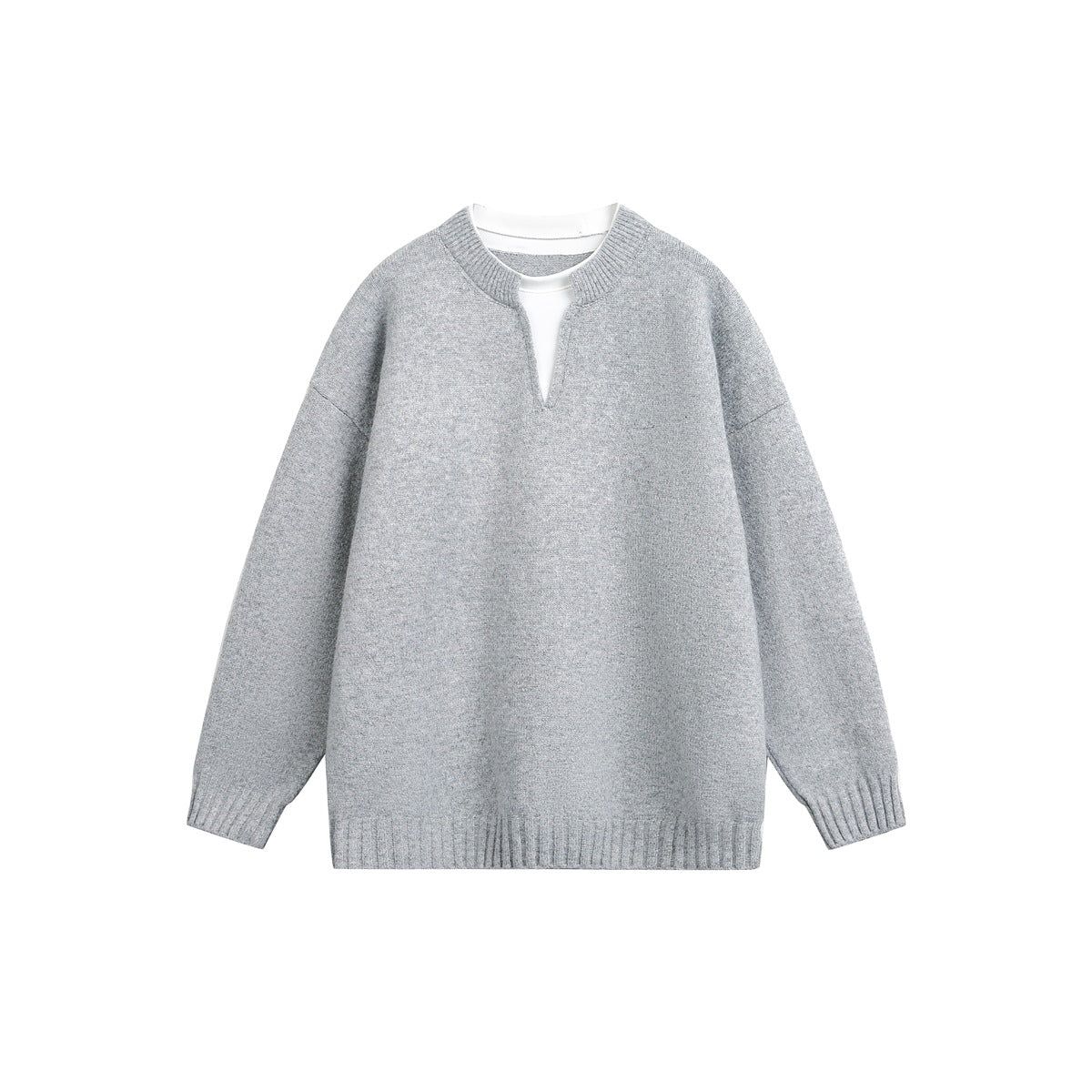 Light gray knit pullover sweater with notched V neckline and white layer at the collar, flat front view