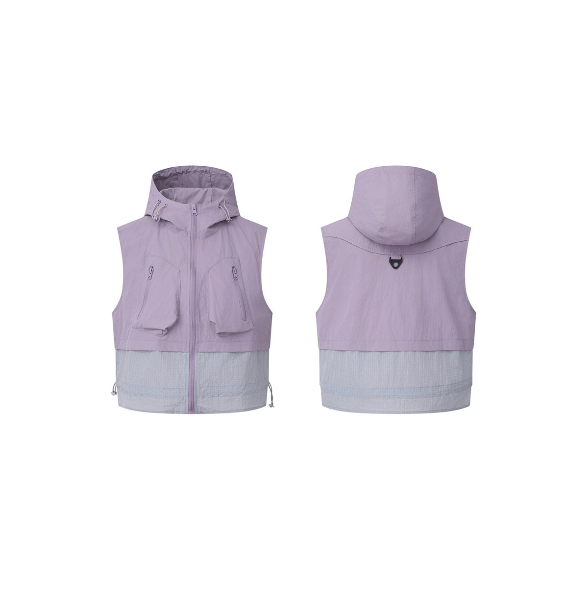 Front and back views of a sleeveless lavender hooded vest with pale gray lower panels and zip pockets.