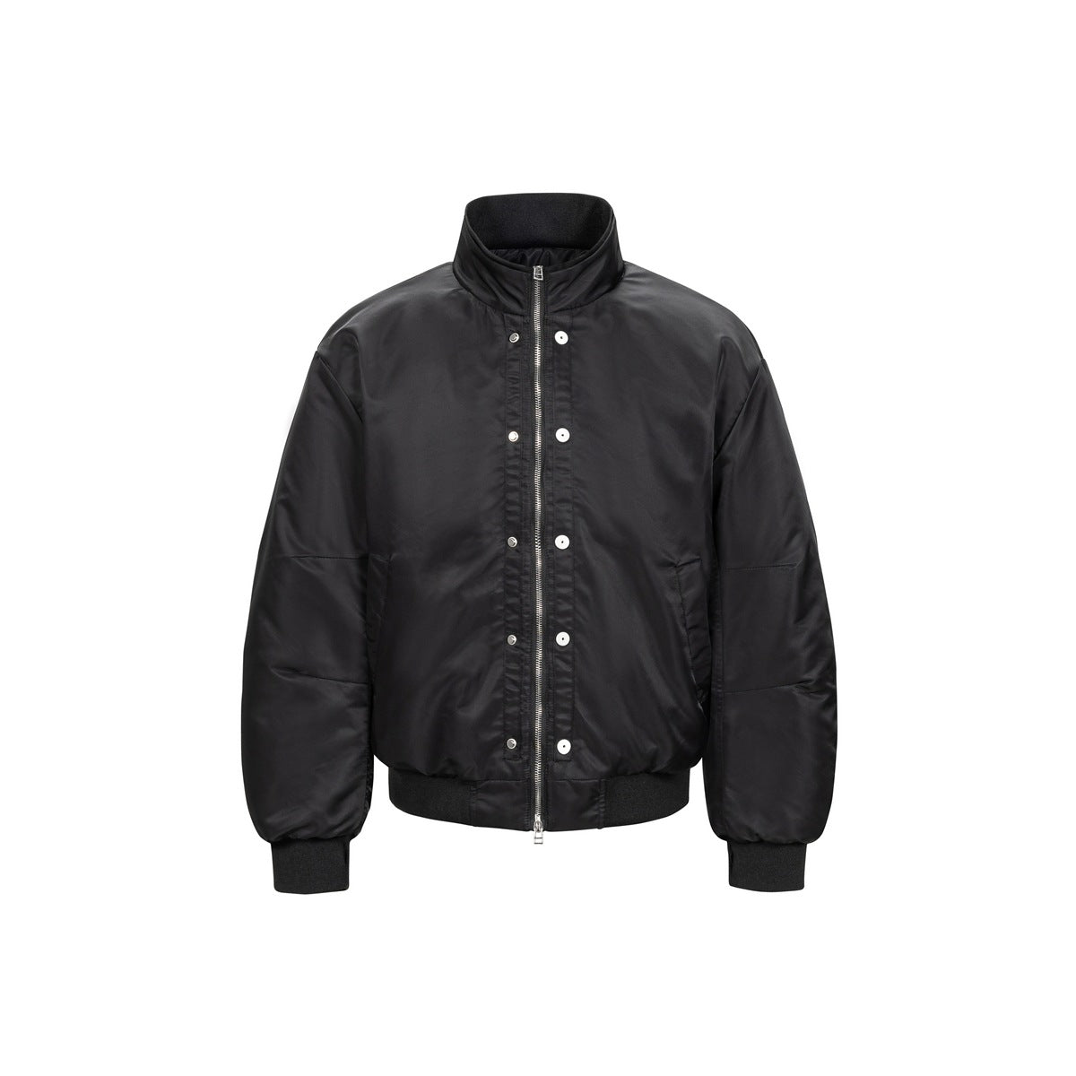 Black bomber-style jacket with stand collar, front zipper, snap placket and ribbed cuffs and hem, flat front view