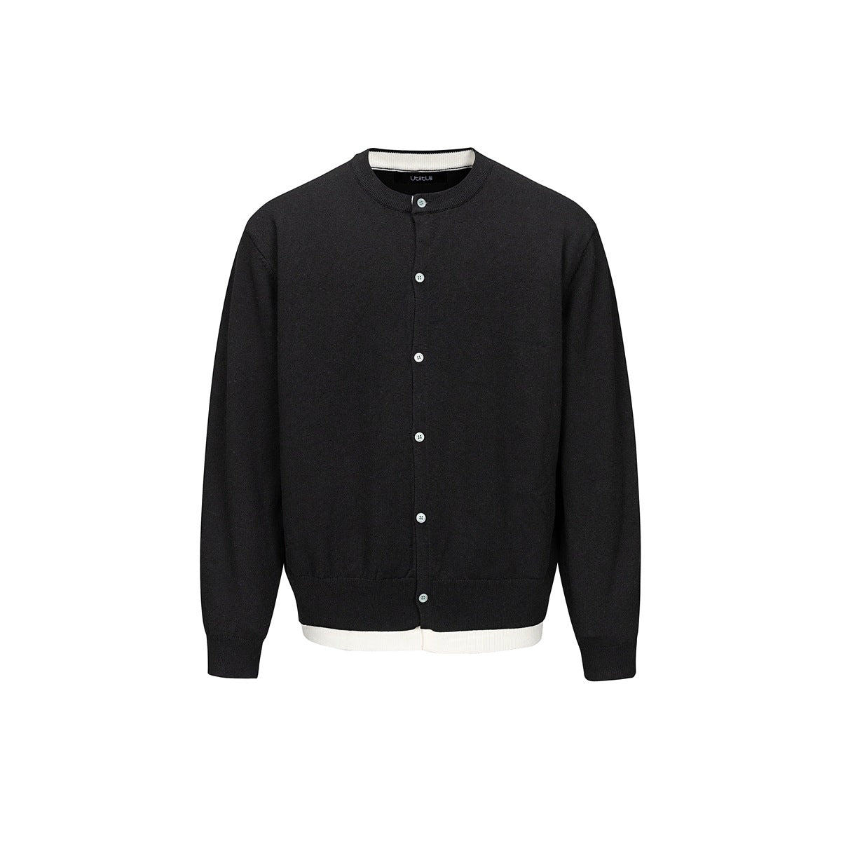 Front view of a black button-front cardigan with a ribbed crew neck, cuffs, and contrasting white collar and hem trim.