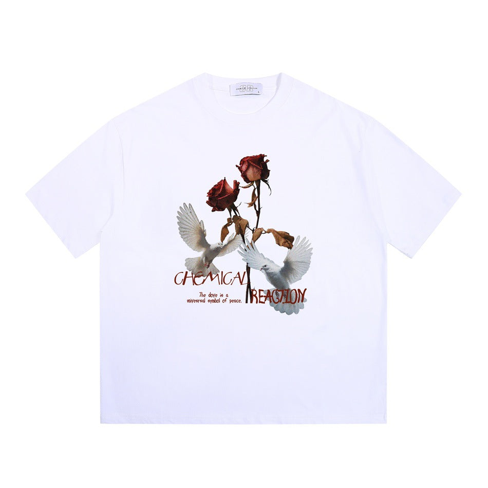 White short-sleeve crew neck T-shirt with a front graphic of red roses, white doves and red text