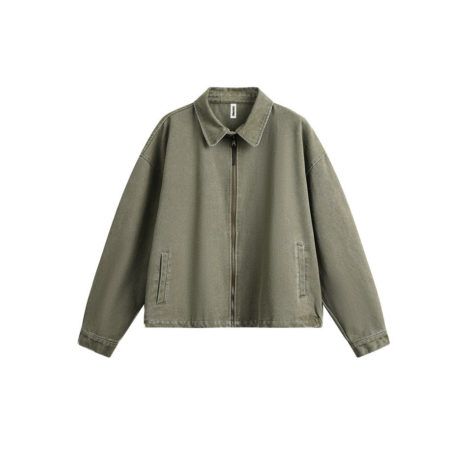 Green washed-look zip-front jacket with pointed collar and slit pockets, flat front view