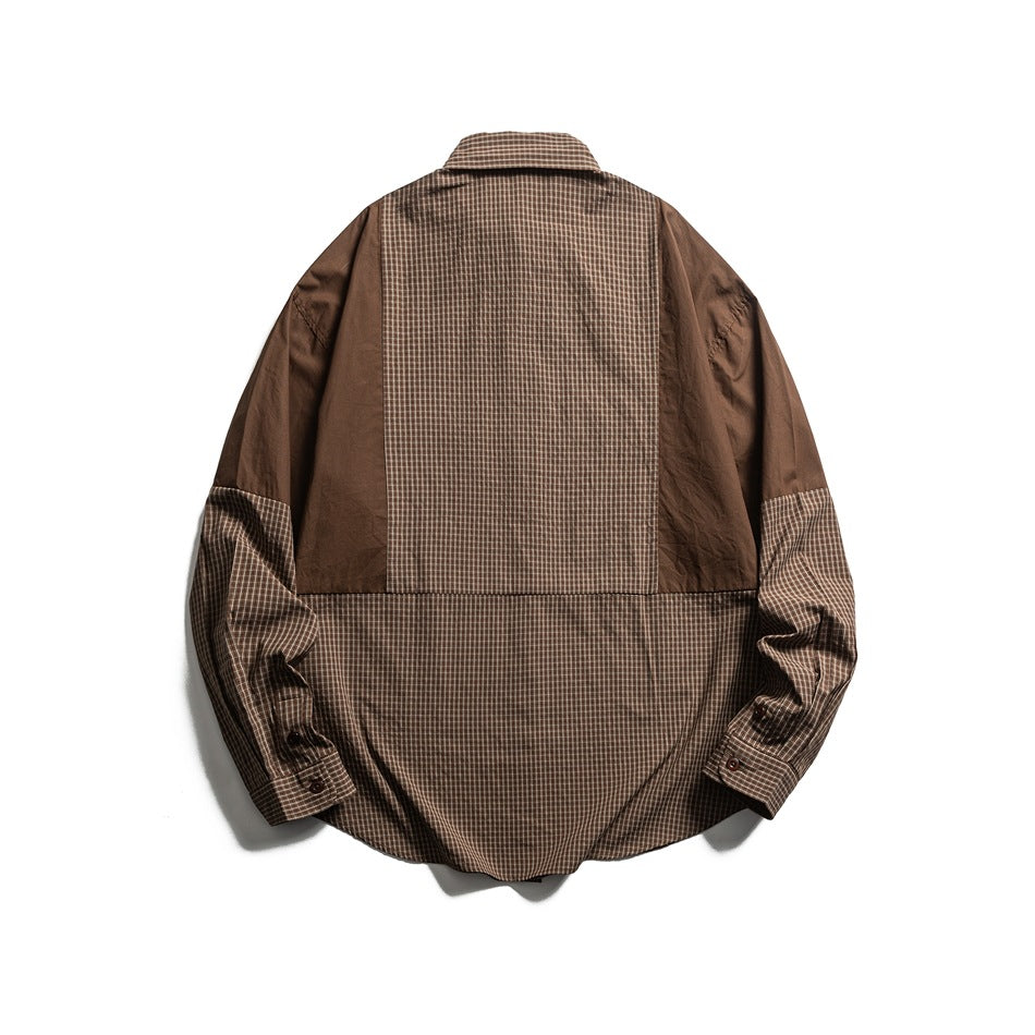 Back view of light khaki brown patchwork check long-sleeve shirt with solid shoulder panels