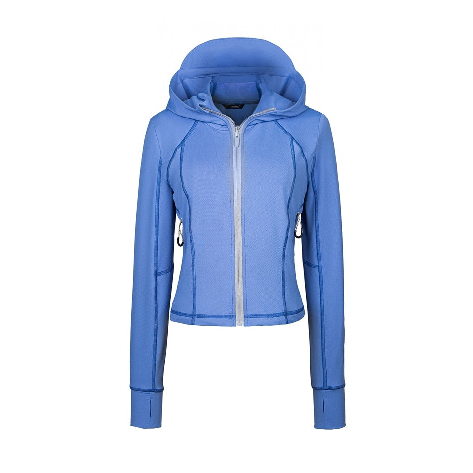 Blue cropped zip-up hooded jacket with contrast seams, thumbhole cuffs and side toggles, shown flat from the front