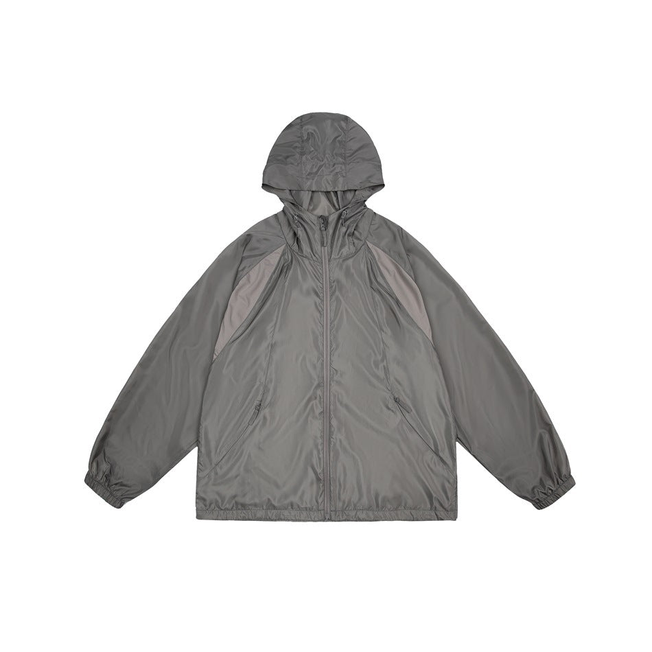 Front view of a gray hooded jacket with a center zipper, angled zip pockets, and contrasting mesh panels.