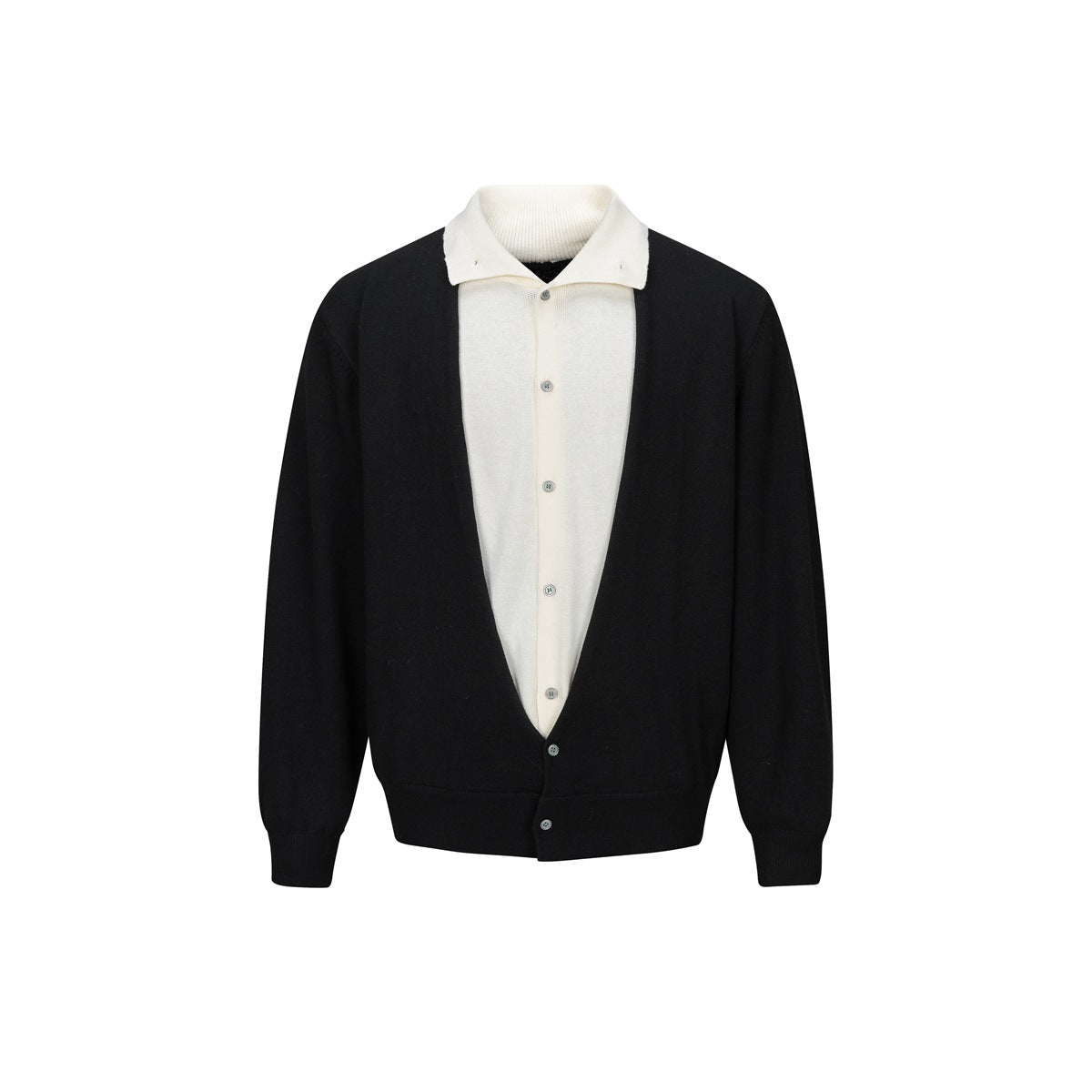 Black V-neck button cardigan layered over a cream collared button-up knit inner layer, front flat view