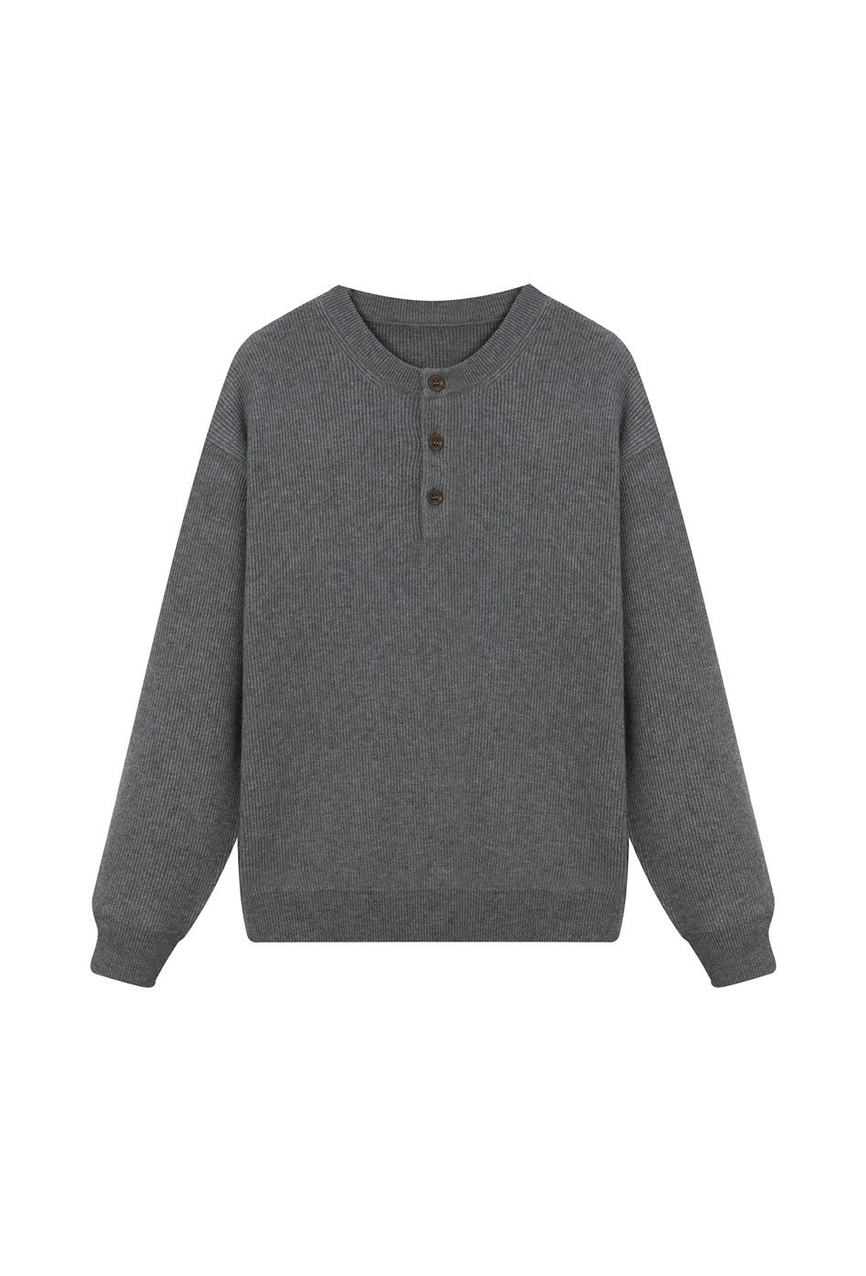 Gray ribbed-knit sweater with round neck and three-button placket, flat front view