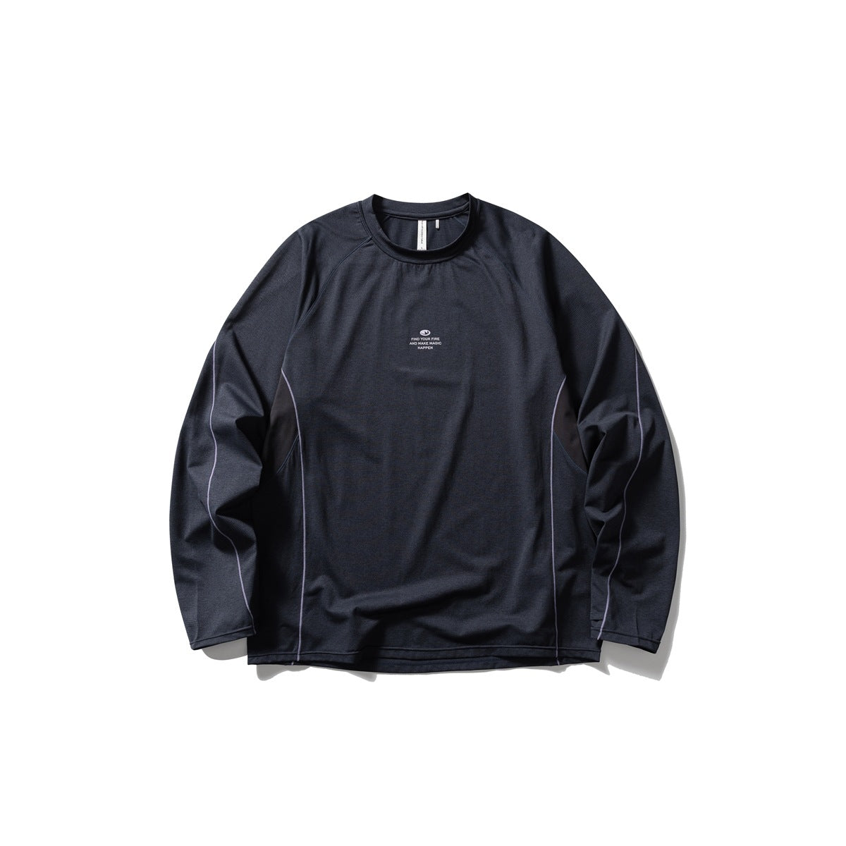Dark navy long-sleeve raglan T-shirt flat lay with lavender piping and small white chest print