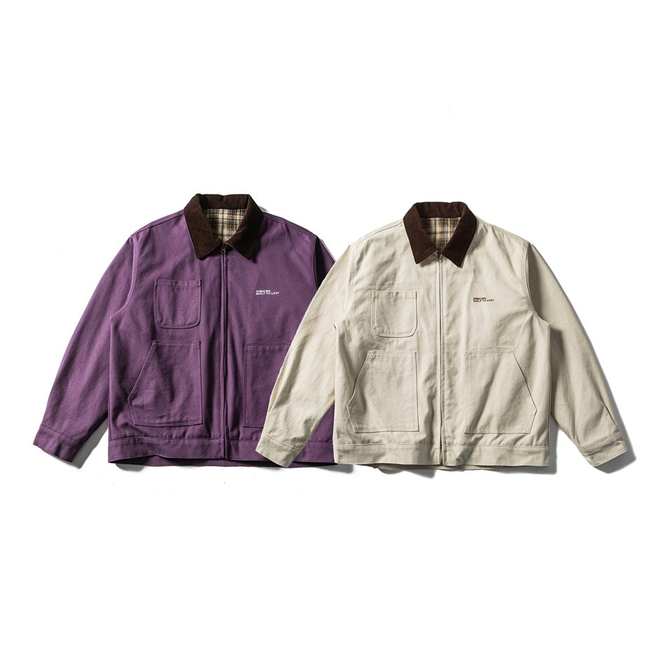 Front view of purple and off-white zip-front jackets with dark brown collars and multiple pockets.
