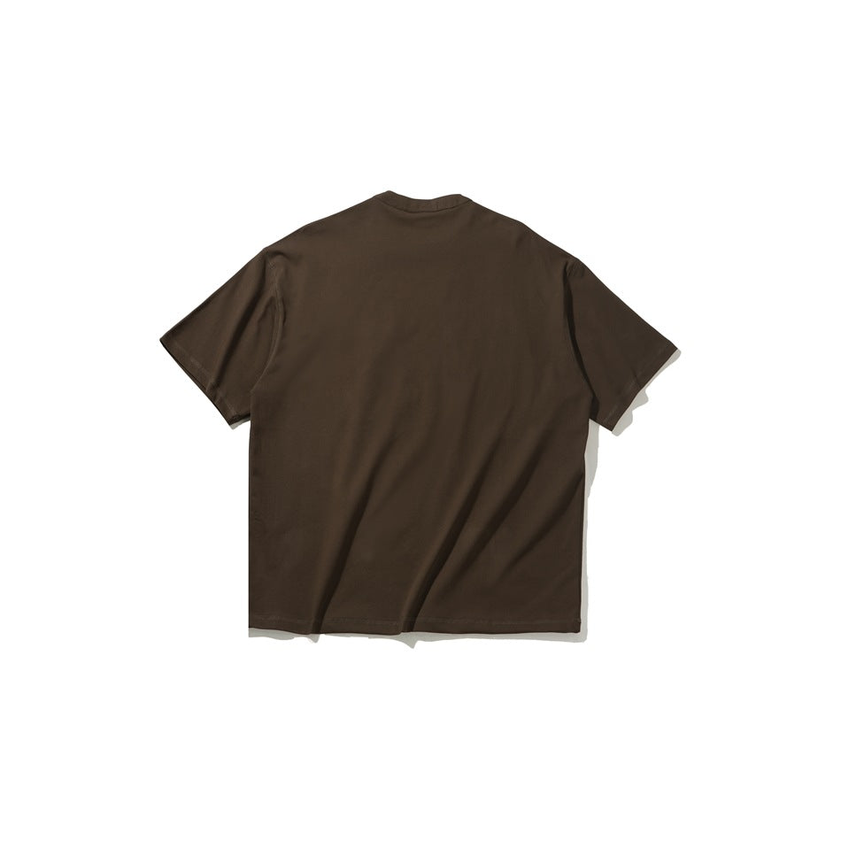 Flat-lay back view of a plain brown short-sleeve T-shirt on a white background.