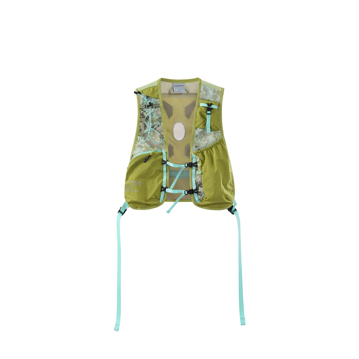 Lime green camo mesh running-style vest with aqua straps and front pockets, flat lay on white