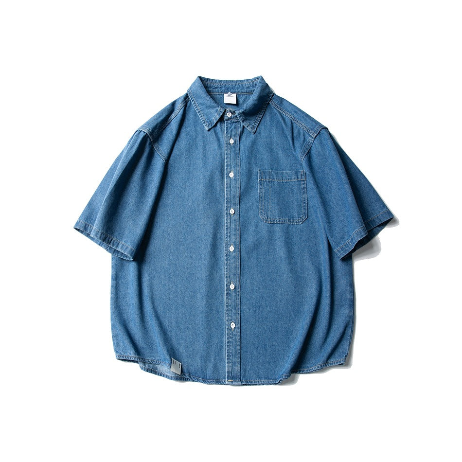 Washed blue short-sleeve denim-look button-up shirt, front flat view with chest pocket and collar
