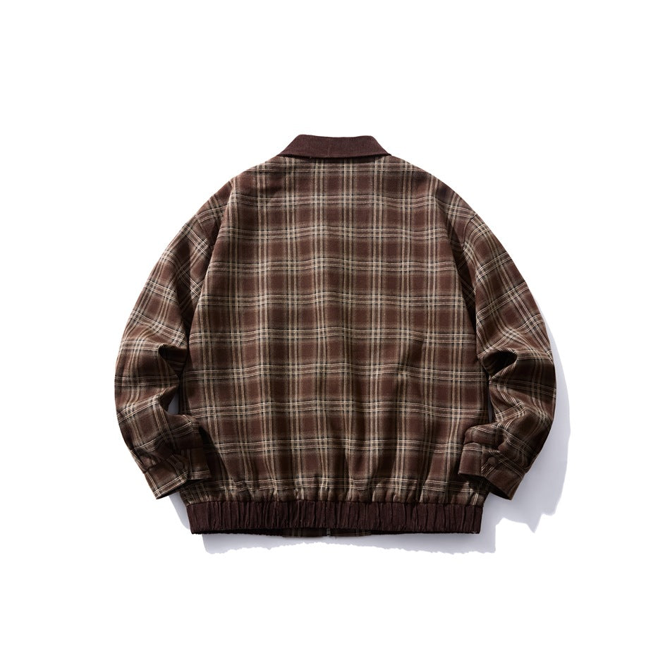Back view of a brown plaid jacket with a dark collar and ribbed hem.