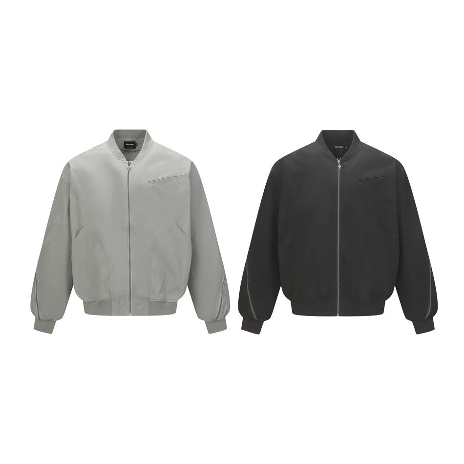 Two front views of the same zip-front jacket, shown in light gray and black.