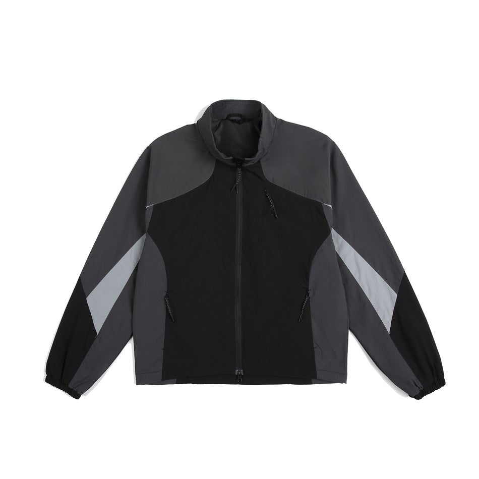 Black and charcoal color-block zip jacket with stand collar, light gray sleeve stripes and elastic cuffs, flat front view