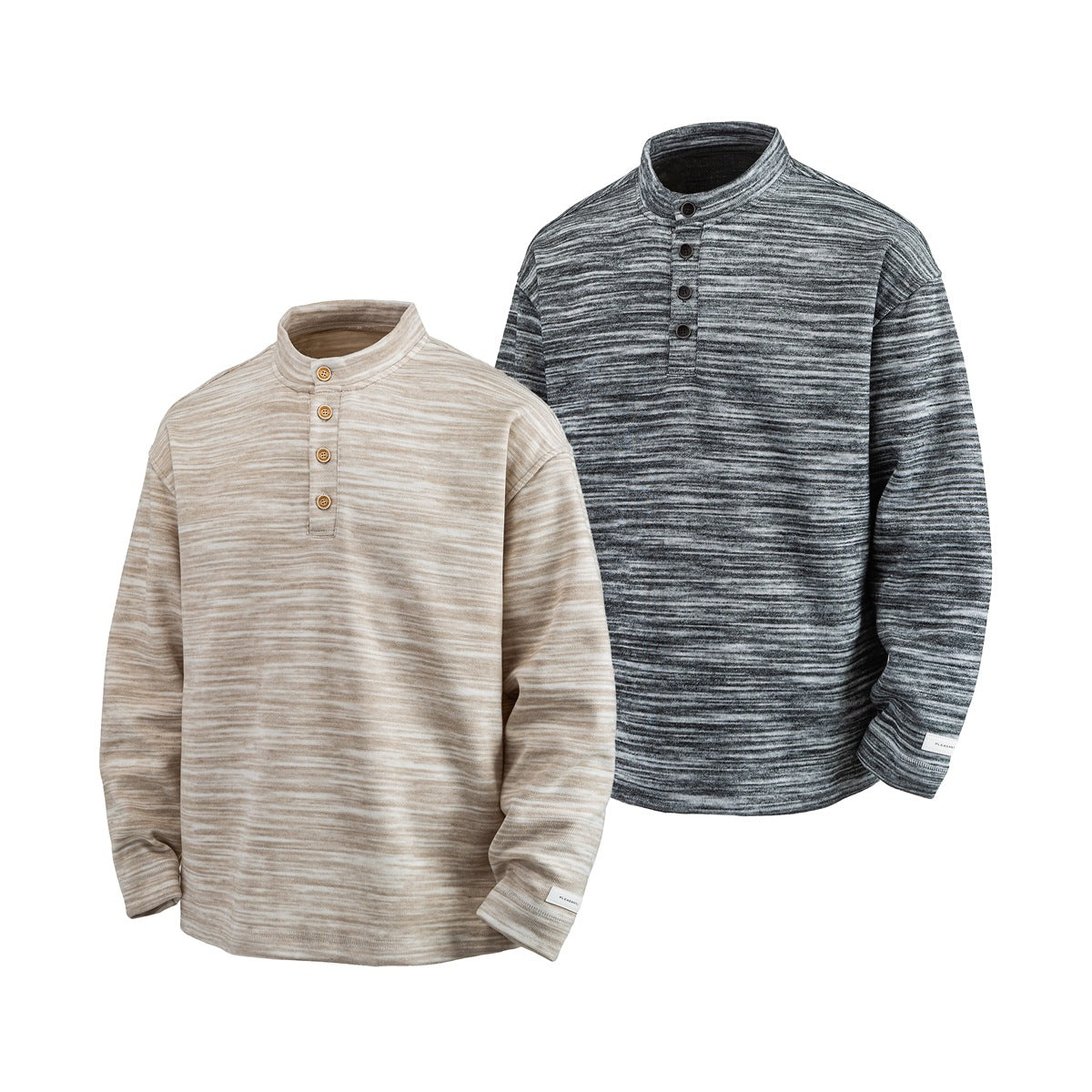 Two long-sleeve heathered shirts, beige and charcoal, shown from the front with band collars and button plackets.